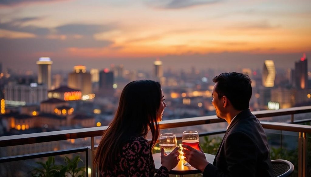 Couple enjoying evening drinks at a rooftop bar in Hanoi with city views