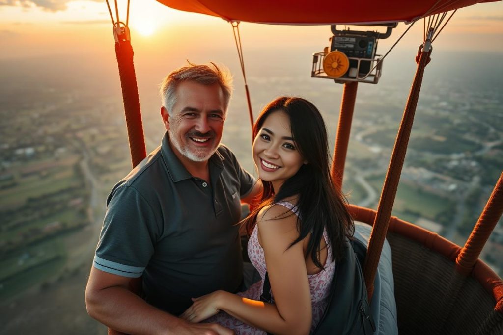 Couple enjoying hot air balloon ride over Philippine countryside at sunrise - romantic things to do in Philippines
