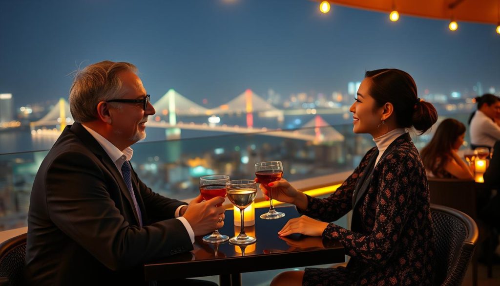 Couple enjoying rooftop bar with views of Da Nang at night