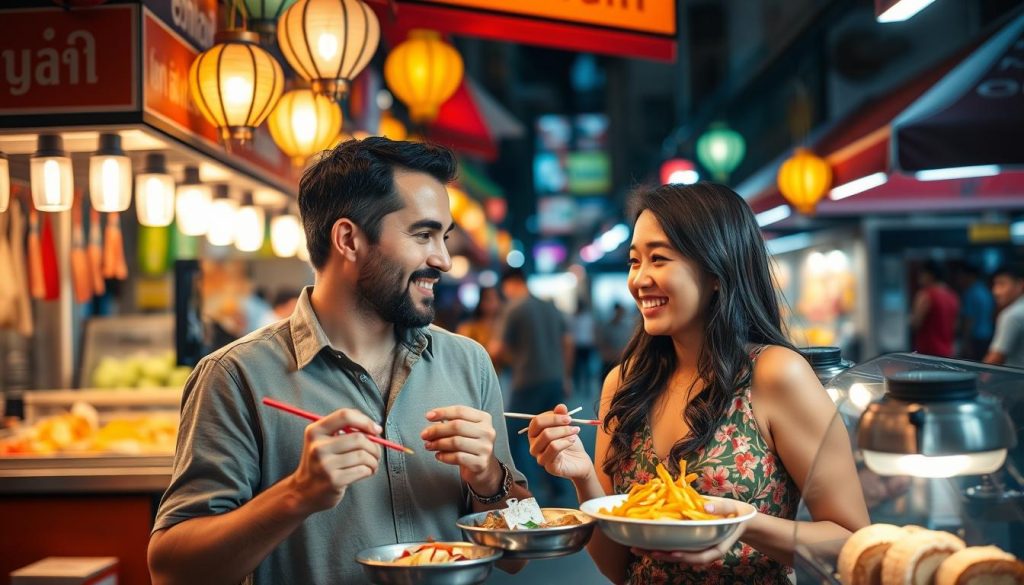 Couple enjoying street food at a night market in Bangkok Couple enjoying street food at a night market in Bangkok