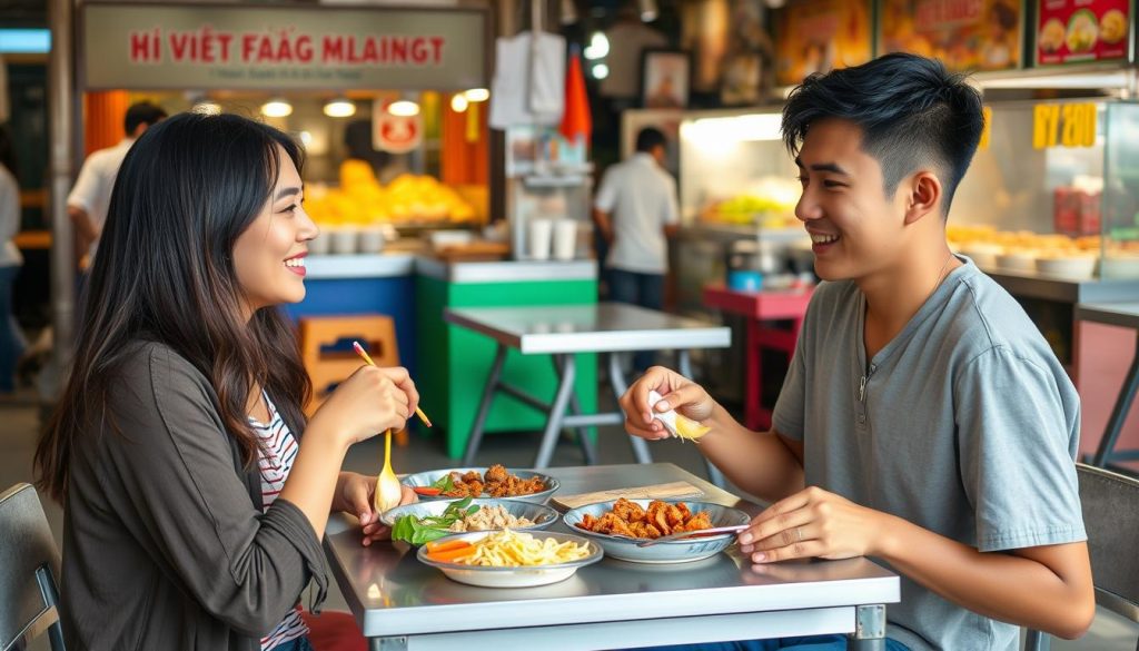 Couple enjoying street food in Da Nang on a budget date