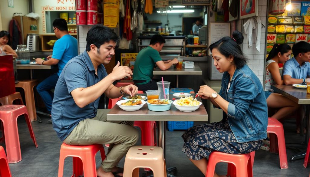 Couple enjoying street food in Hanoi, representing budget dating options and cost of dating in Hanoi