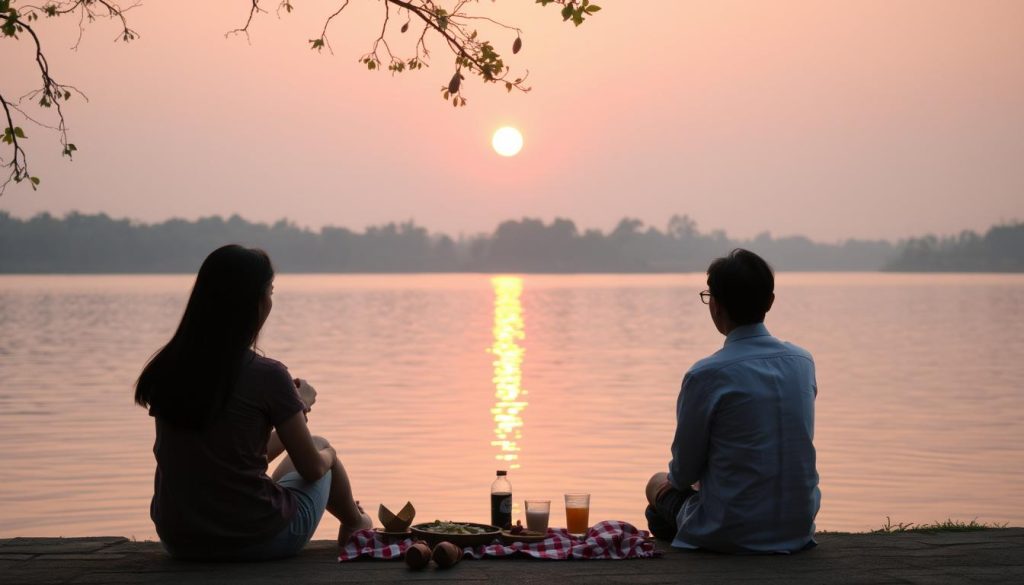 Couple enjoying sunset at West Lake in Hanoi, showing free romantic activities and cost of dating in Hanoi