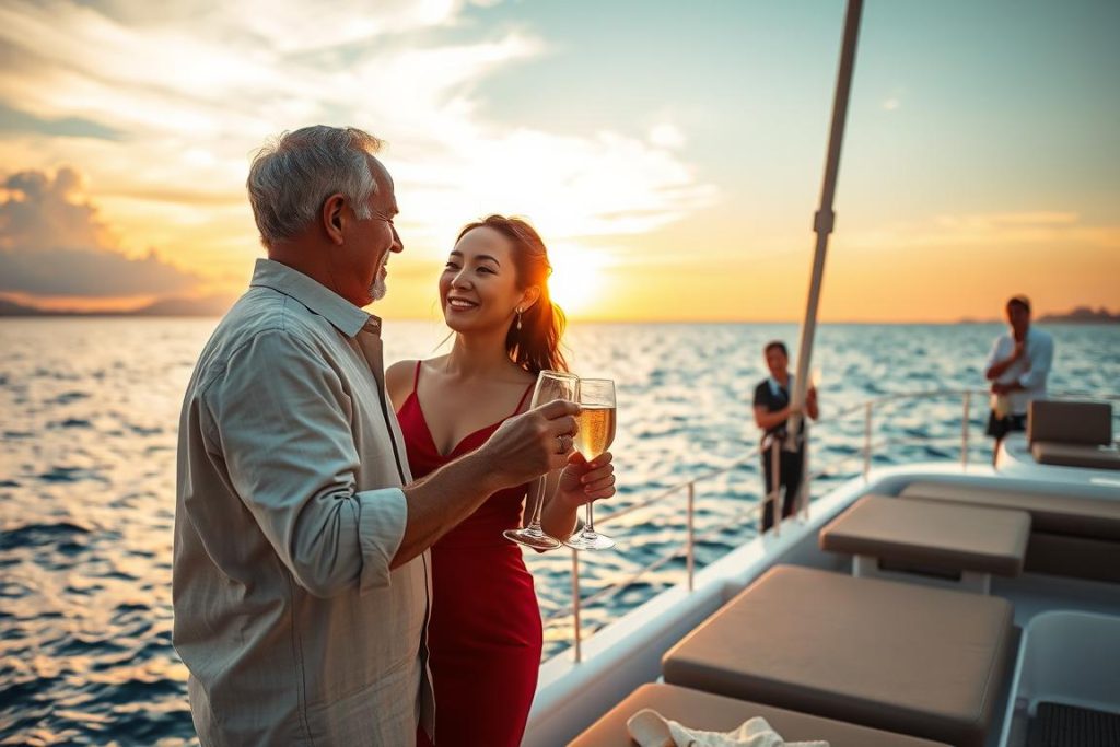 Couple enjoying sunset champagne cruise in Phuket with ocean views