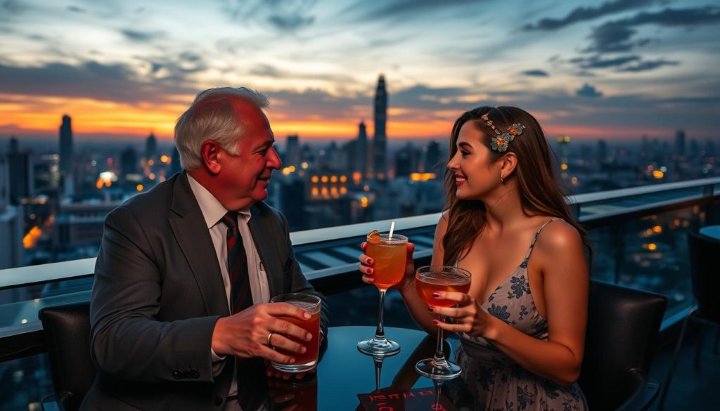 Couple enjoying sunset cocktails at a rooftop bar with Jakarta skyline views