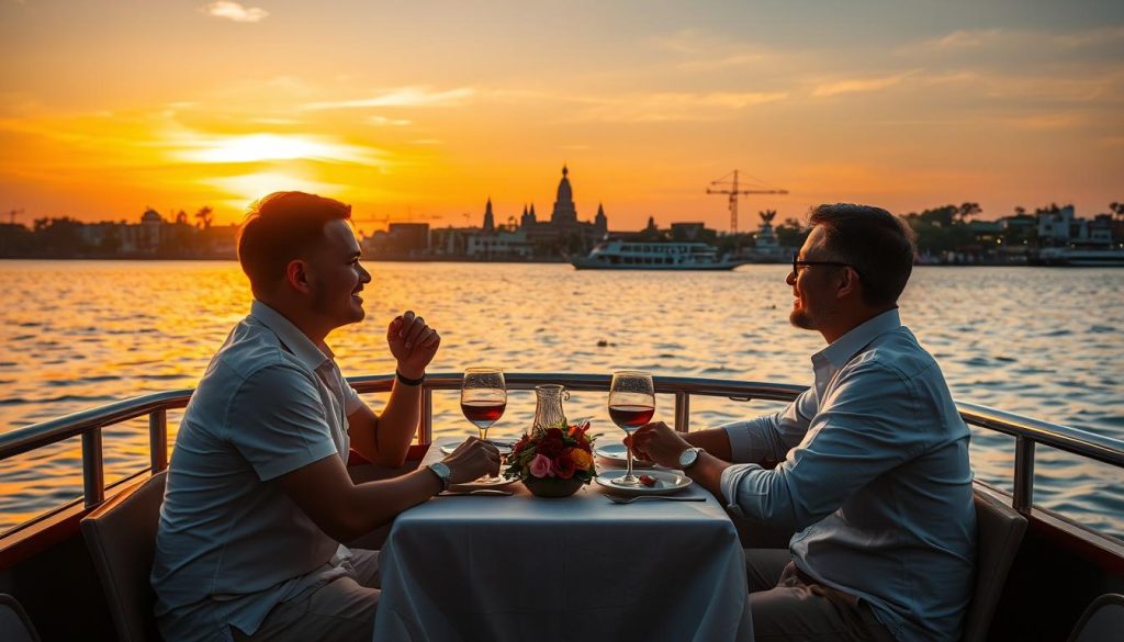 Couple enjoying sunset dinner cruise