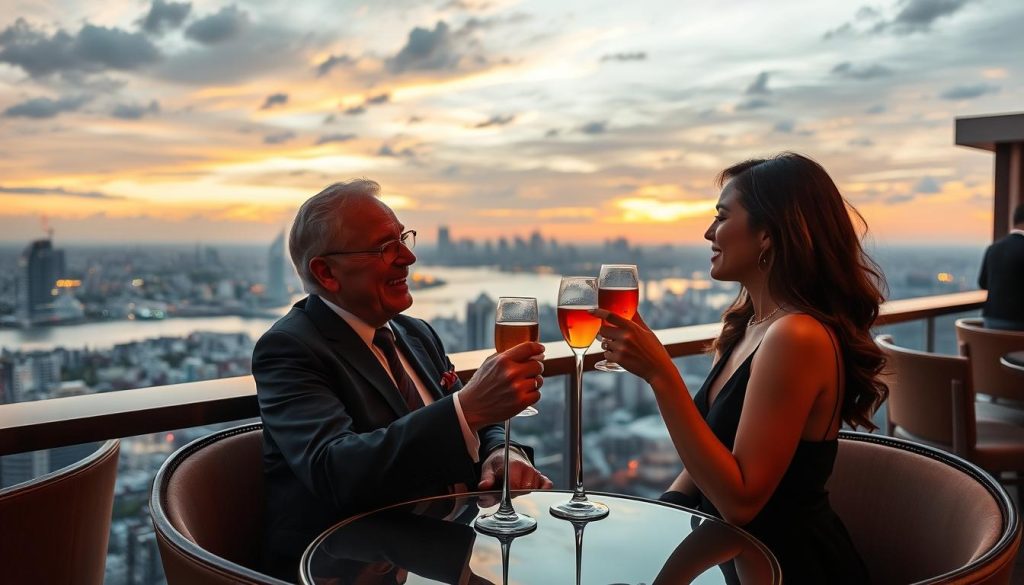 Couple enjoying sunset drinks at a Manila rooftop bar