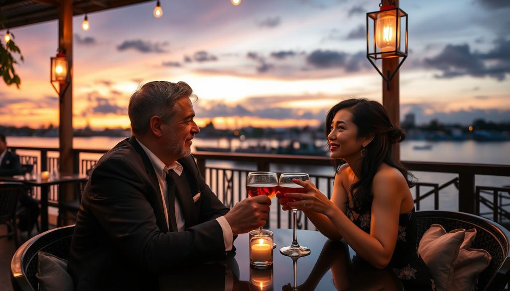 Couple enjoying sunset drinks at a riverside restaurant in Phnom Penh