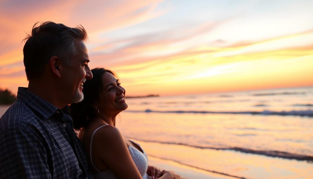 Couple enjoying sunset in Bali after meeting through dating app