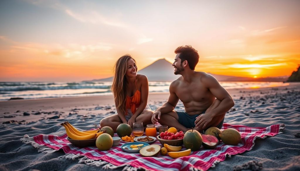 Couple enjoying sunset picnic on Bali beach with affordable local food, representing budget cost of dating in Bali
