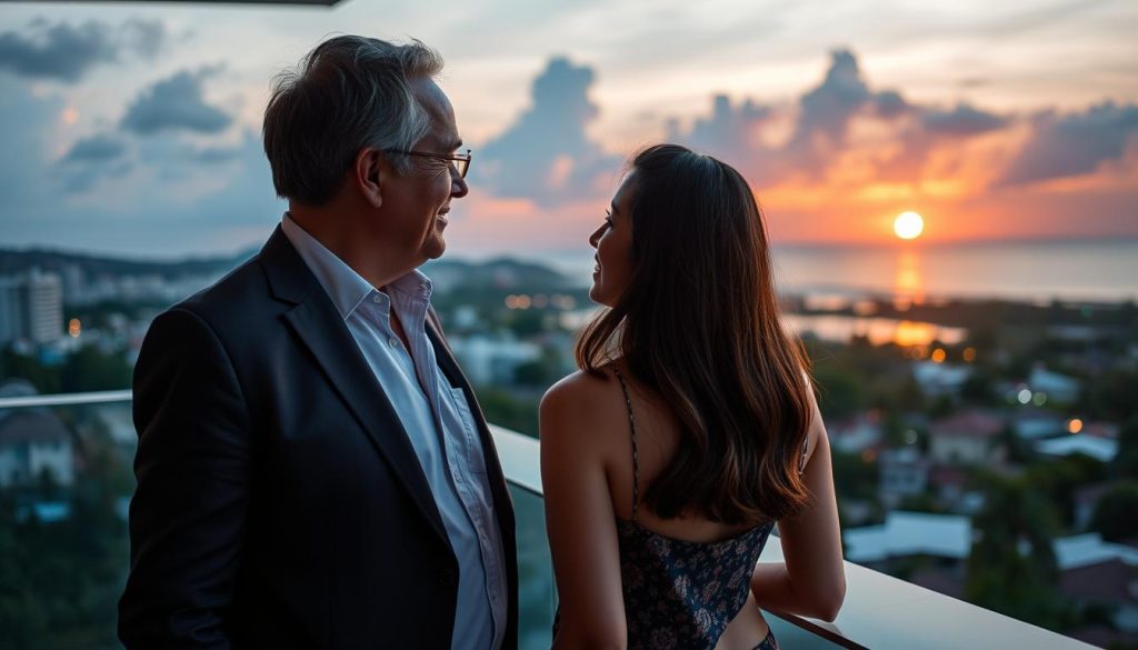Couple enjoying sunset view from balcony of guest friendly hotel in Philippines