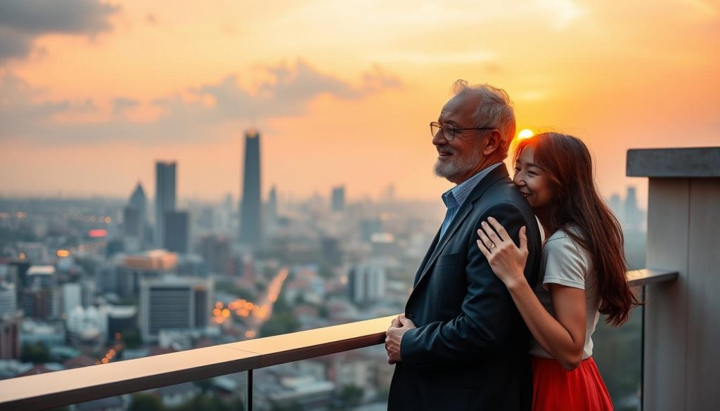 Couple enjoying sunset view of Ho Chi Minh City skyline