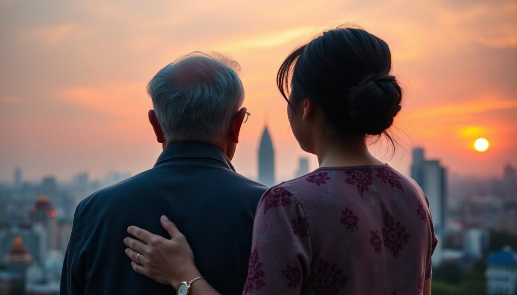 Couple enjoying sunset view over Hanoi Couple enjoying sunset view over Hanoi