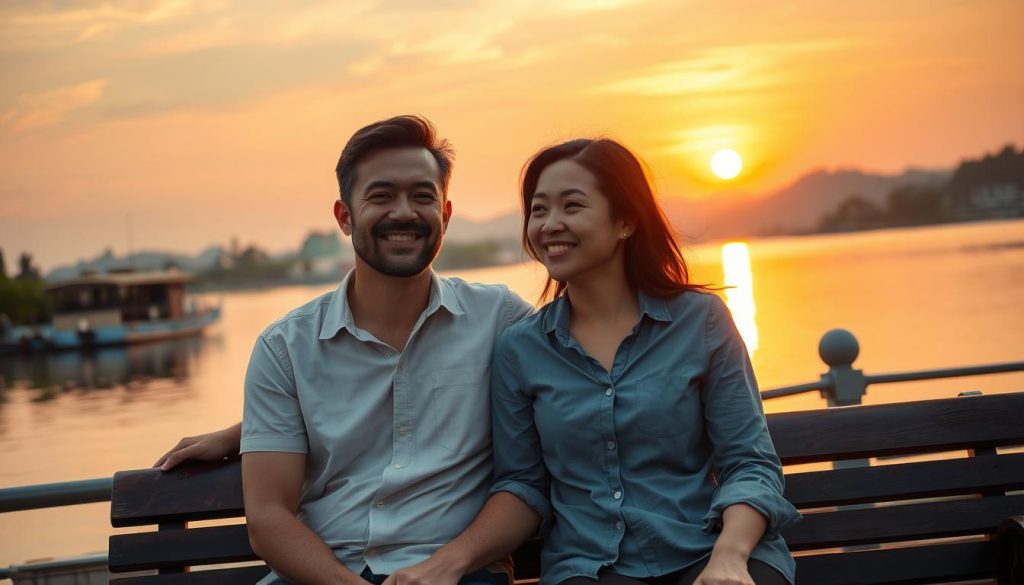 Couple enjoying sunset view over West Lake in Hanoi, representing successful cross-cultural relationship in hanoi dating culture Couple enjoying sunset view over West Lake in Hanoi, representing successful cross-cultural relationship in hanoi dating culture