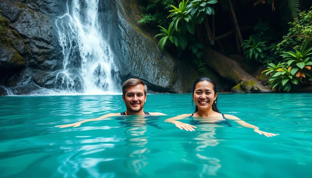 Couple enjoying the turquoise waters of Kawasan Falls in Cebu - popular things to do in Philippines