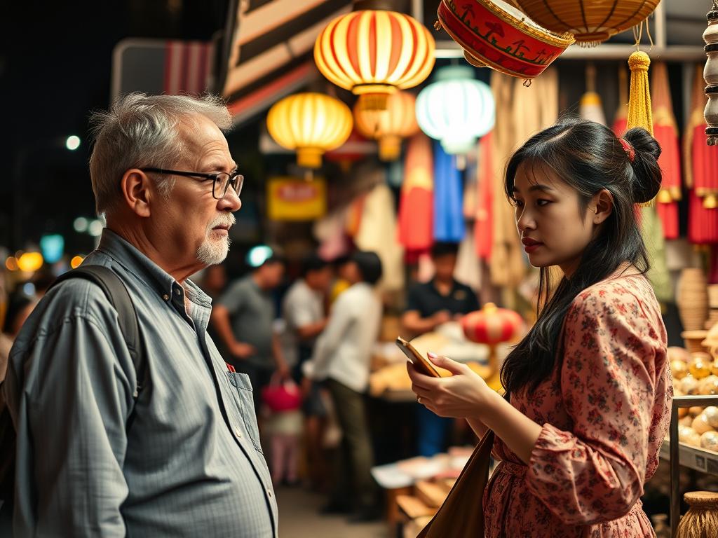 Couple exploring a vibrant night market in Hanoi with colorful stalls and traditional items