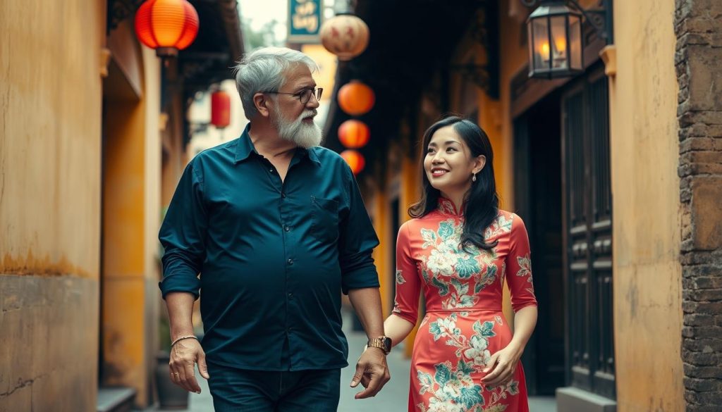 Couple exploring ancient streets of Hoi An on day trip from Da Nang