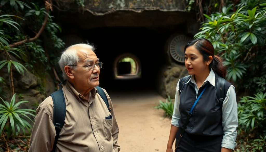 Couple exploring the Cu Chi Tunnels with a guide explaining the historical significance