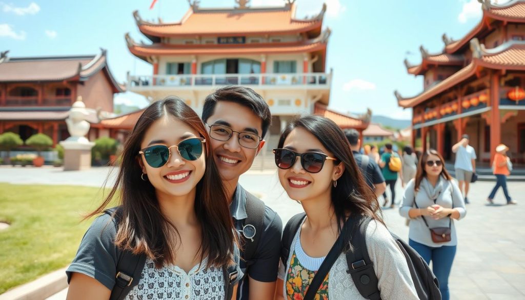 Couple exploring tourist attraction in Vietnam, representing entertainment costs of dating
