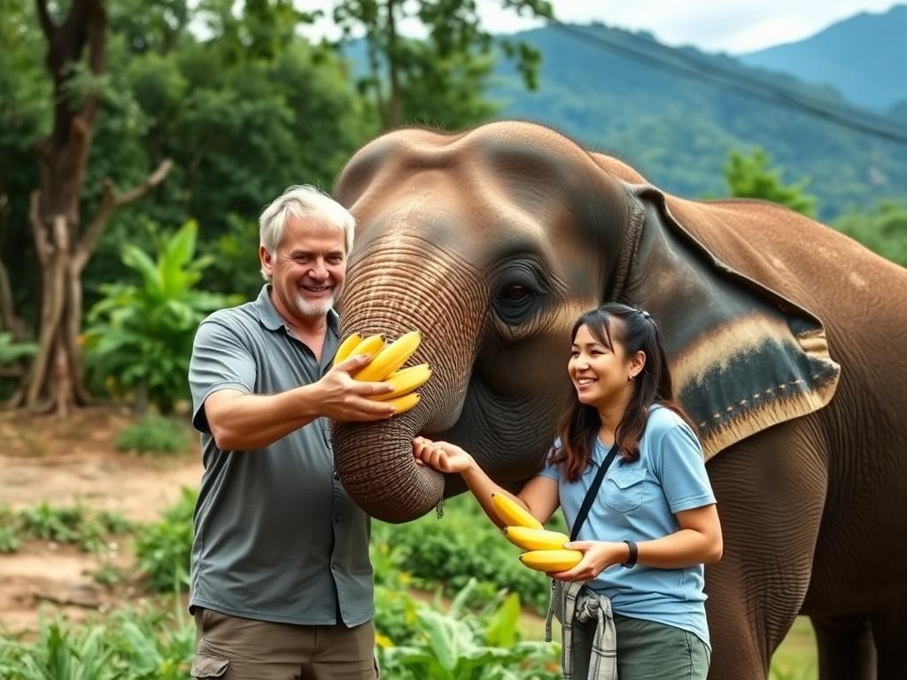Couple feeding elephants at an ethical sanctuary in Chiang Mai - things to do in Thailand