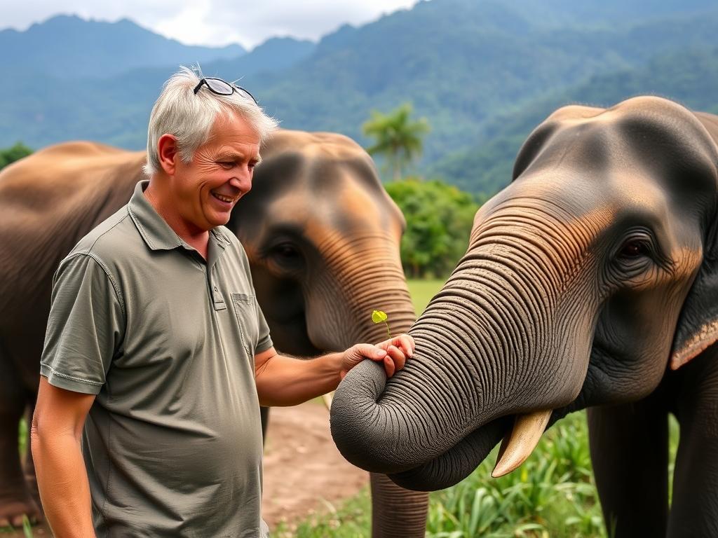 Couple feeding elephants at an ethical sanctuary in Chiang Mai