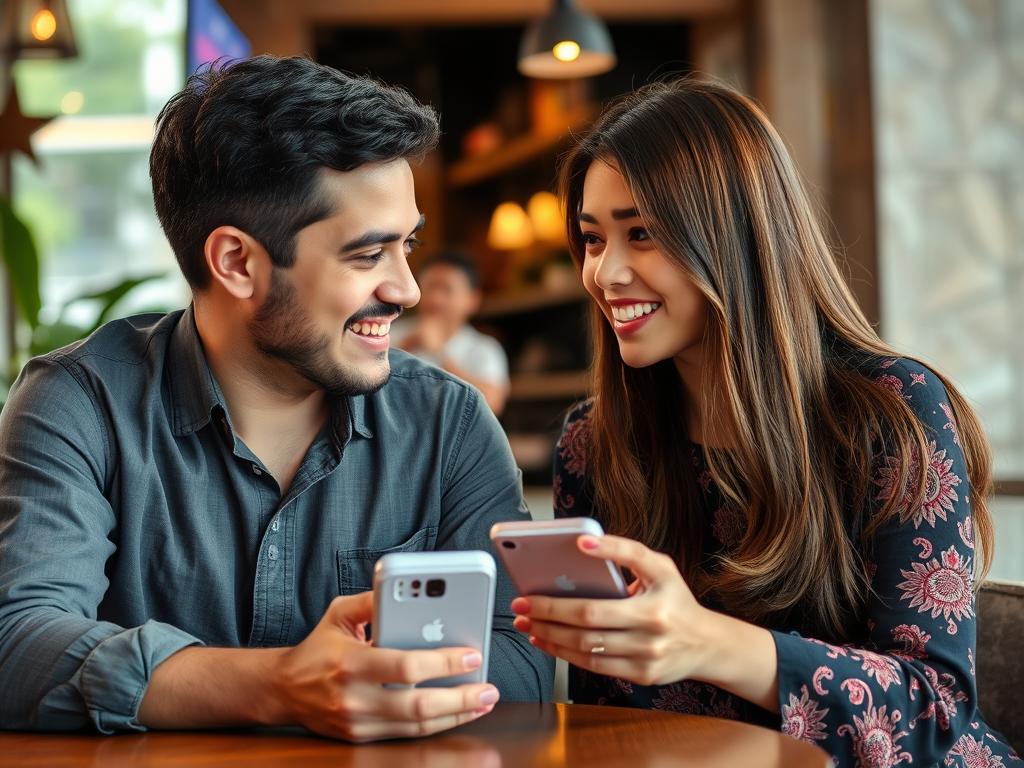 Couple having a conversation with translation app assistance in Phnom Penh cafe