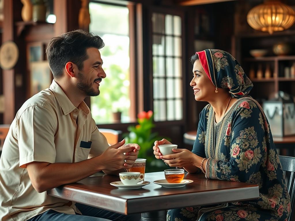 Couple having a respectful conversation in a traditional Cambodian cafe in Siem Reap
