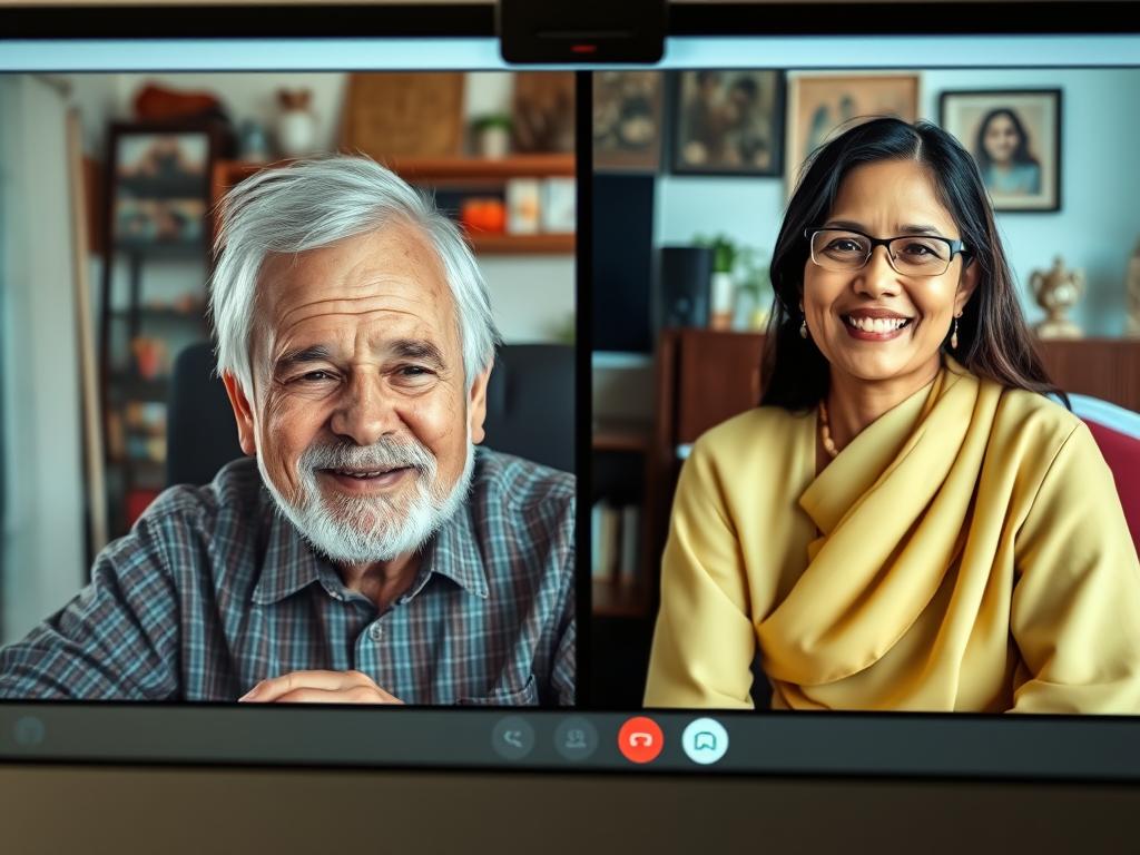 Couple having a video call conversation between Western man and Cambodian woman