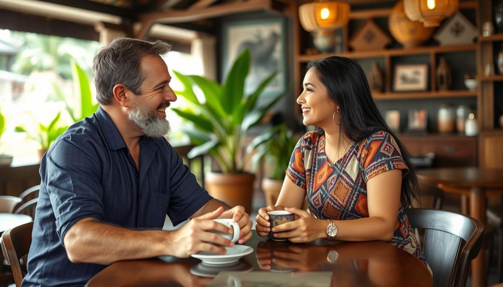 Couple having conversation at a Bali café, demonstrating effective communication when meeting younger women