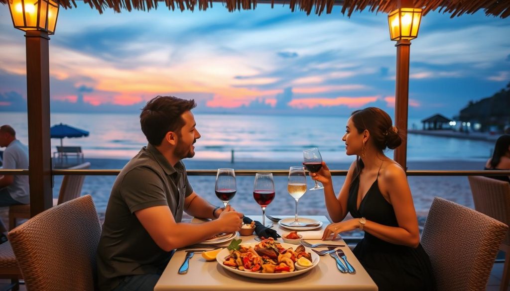 Couple having dinner with beach view in Da Nang, showing cost of dating in Vietnam in a coastal city
