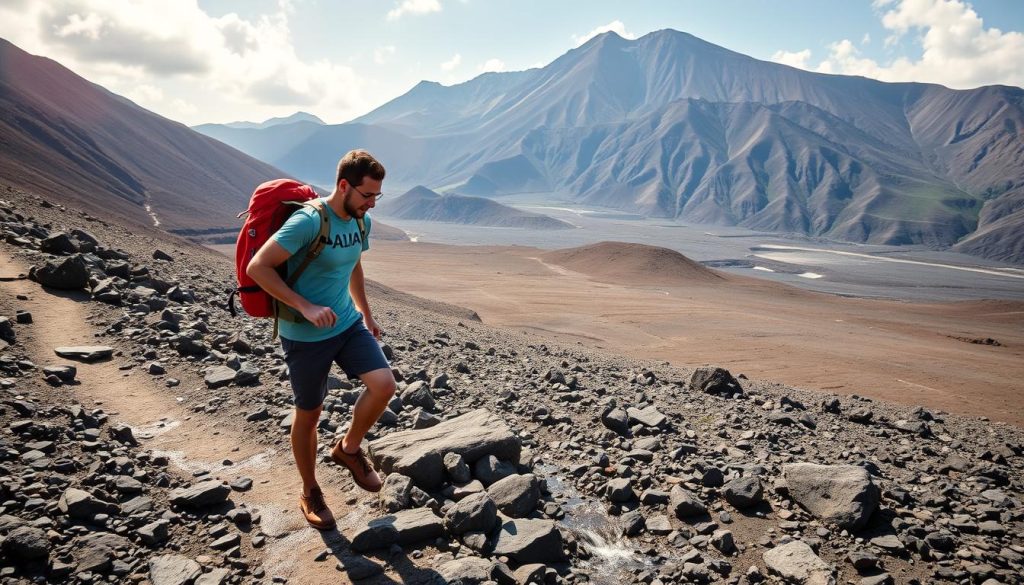 Couple hiking on Mount Pinatubo trail with volcanic landscape