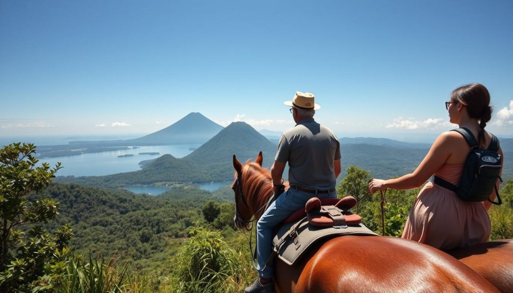 Couple horseback riding near Taal Volcano with lake view - things to do in Philippines