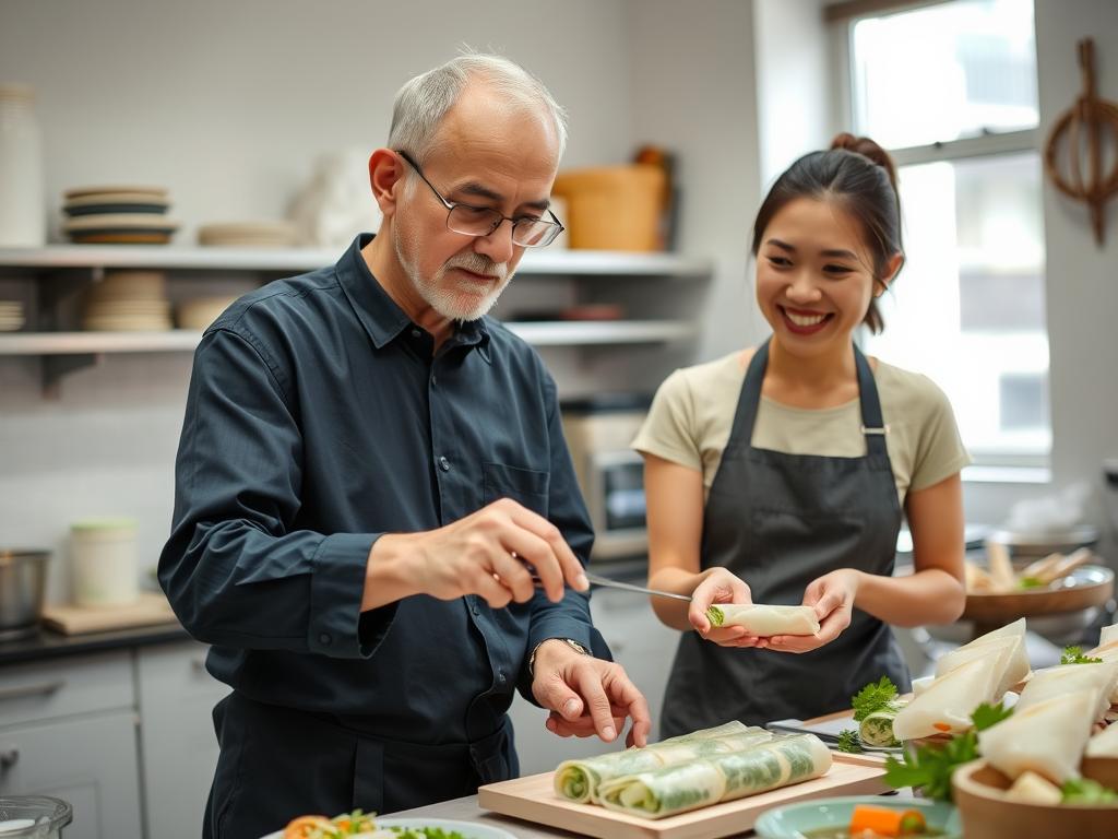 Couple learning to prepare traditional Vietnamese dishes in a cooking class in Hanoi