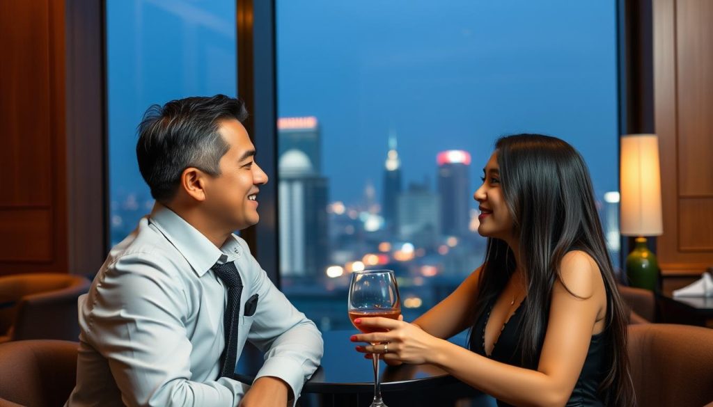 Couple meeting at upscale restaurant in Makati, Manila