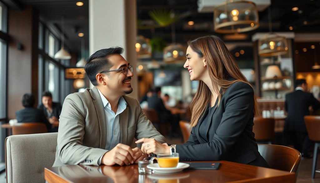 Couple meeting for the first time at a Jakarta café after connecting online
