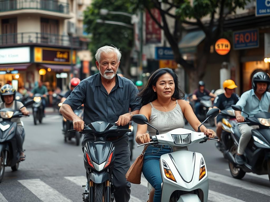 Couple navigating Ho Chi Minh City streets together with the man helping the woman cross a busy intersection