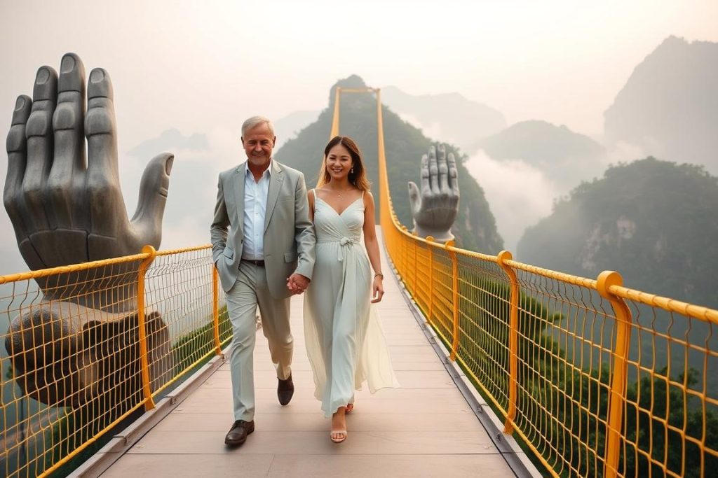 Couple on Golden Bridge at Ba Na Hills in Da Nang