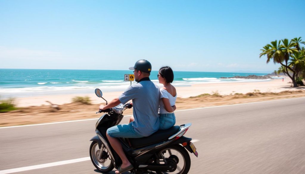 Couple on a motorbike exploring Da Nang's coastal road