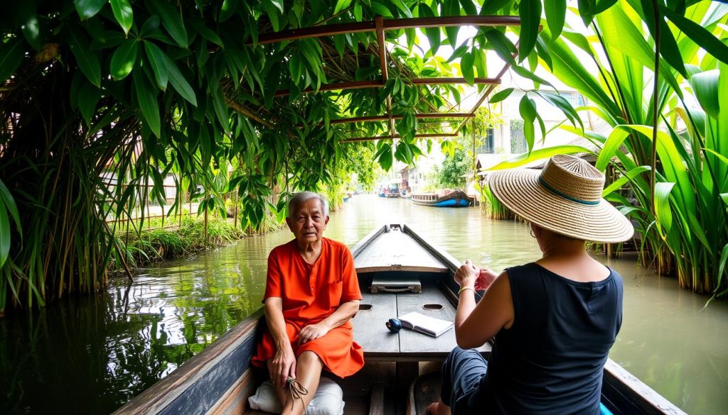 Couple on a private sampan boat tour through the Mekong Delta canals