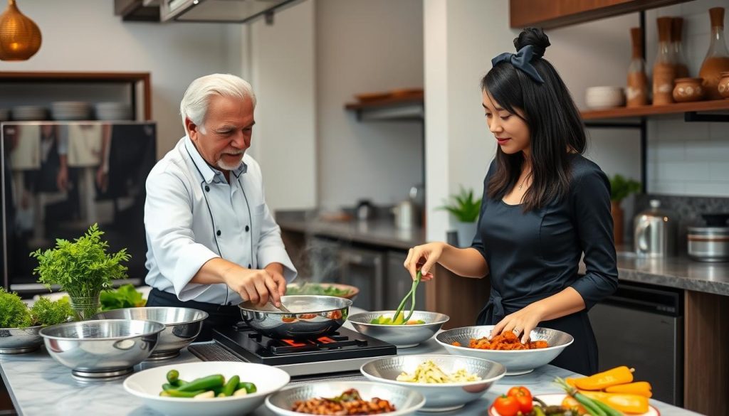 Couple participating in a Cambodian cooking class, preparing traditional dishes together