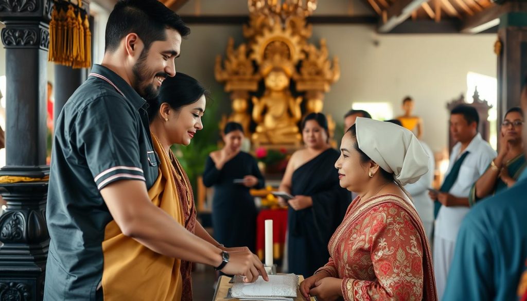 Couple participating in a traditional Balinese ceremony, showing cultural integration when meeting younger women in Bali