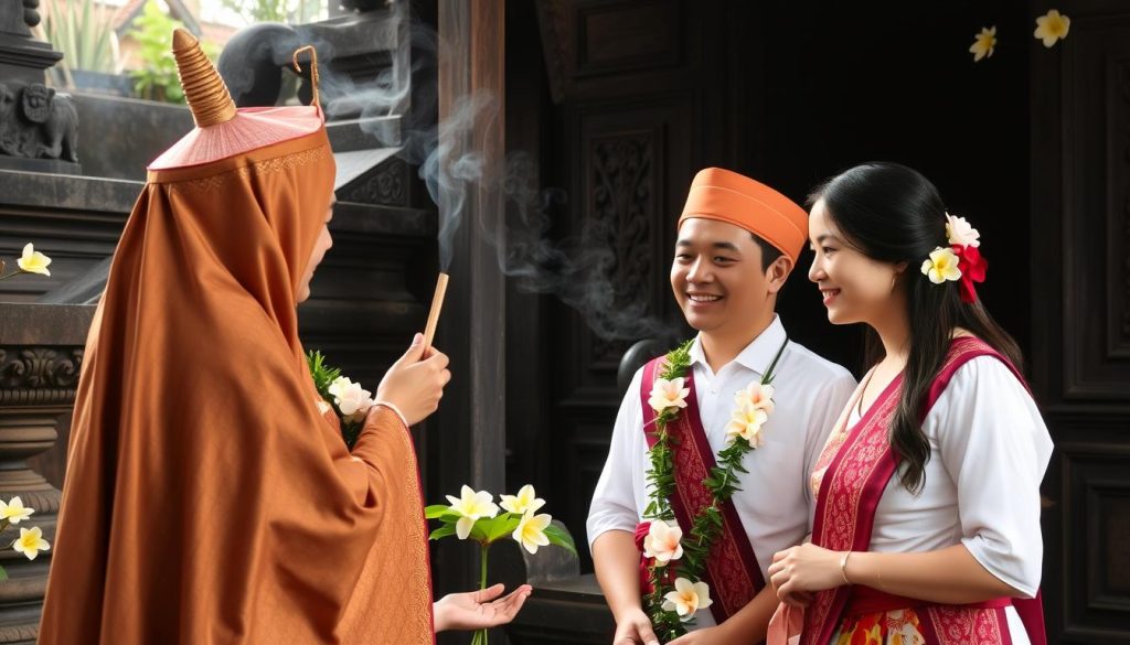 Couple participating in traditional Balinese ceremony, showing cultural aspect of dating in Bali