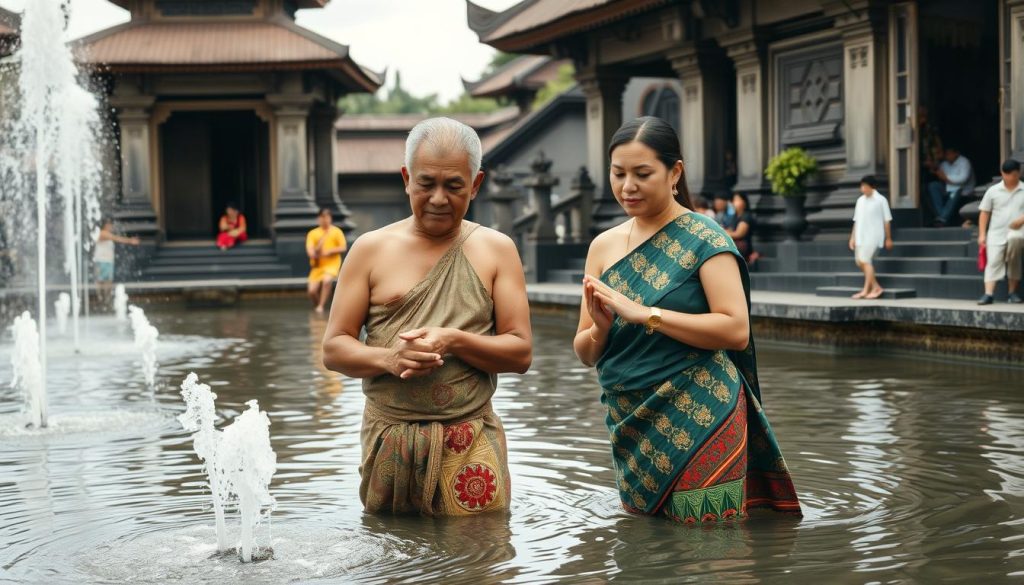 Couple participating in water purification ceremony at Tirta Empul temple