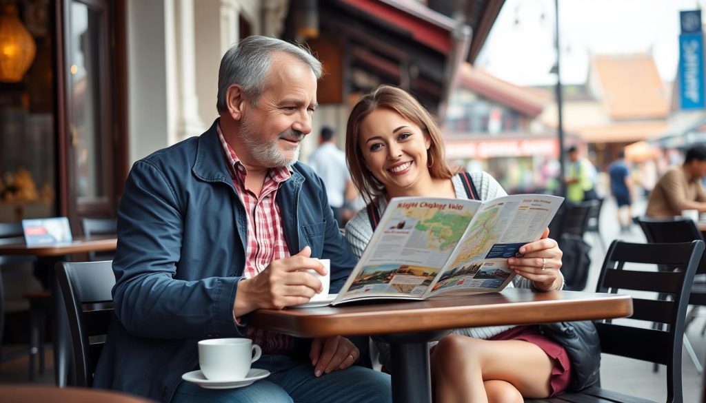 Couple relaxing at a cafe in Chiang Mai planning their activities