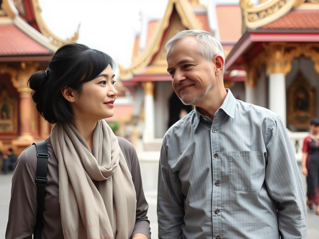 Couple respectfully dressed visiting a temple in Chiang Mai