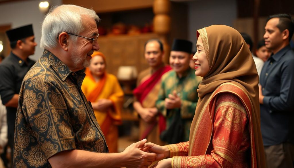 Couple respectfully greeting Indonesian hosts at a cultural event