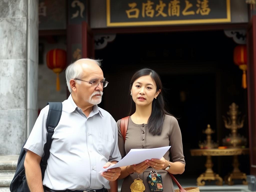Couple respectfully visiting Vietnamese temple in Da Nang