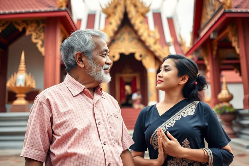 Couple respectfully visiting a temple in Phuket, dressed appropriately