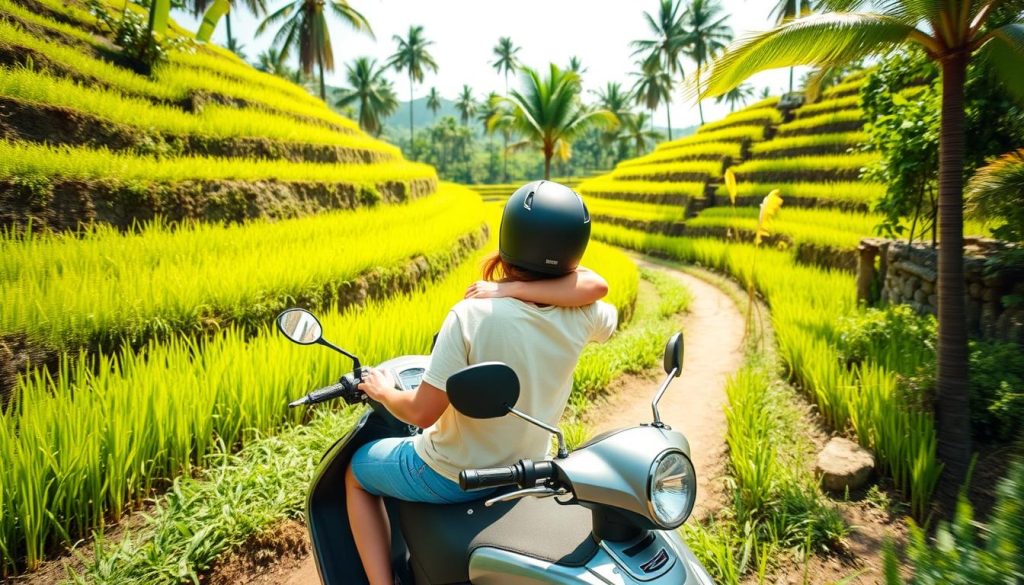 Couple riding a scooter through rice fields in Bali, representing transportation cost of dating in Bali