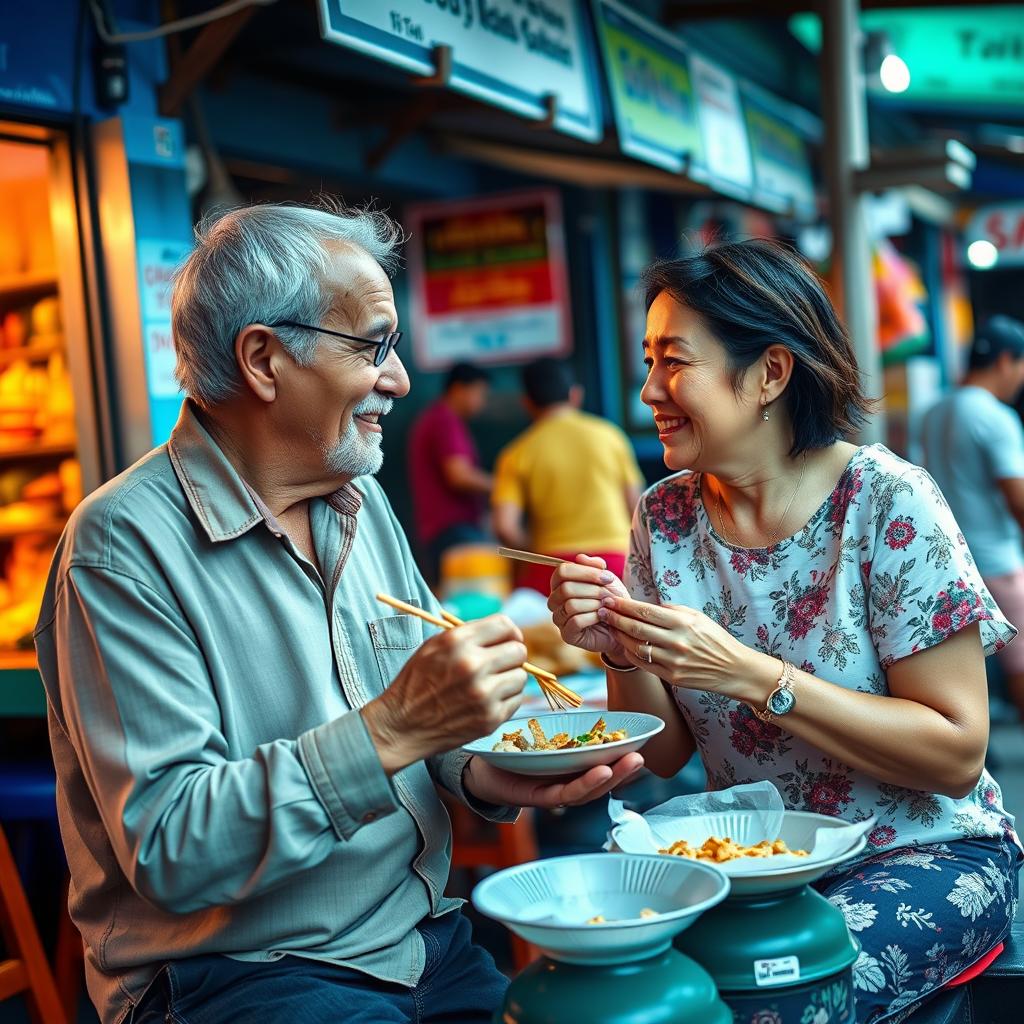 Couple sharing a meal at a local market in Phuket, showing cultural exchange and trust-building
